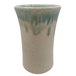Jan Schachter organic ceramic pottery Vase w/blue&green earth drip Cream Glaze